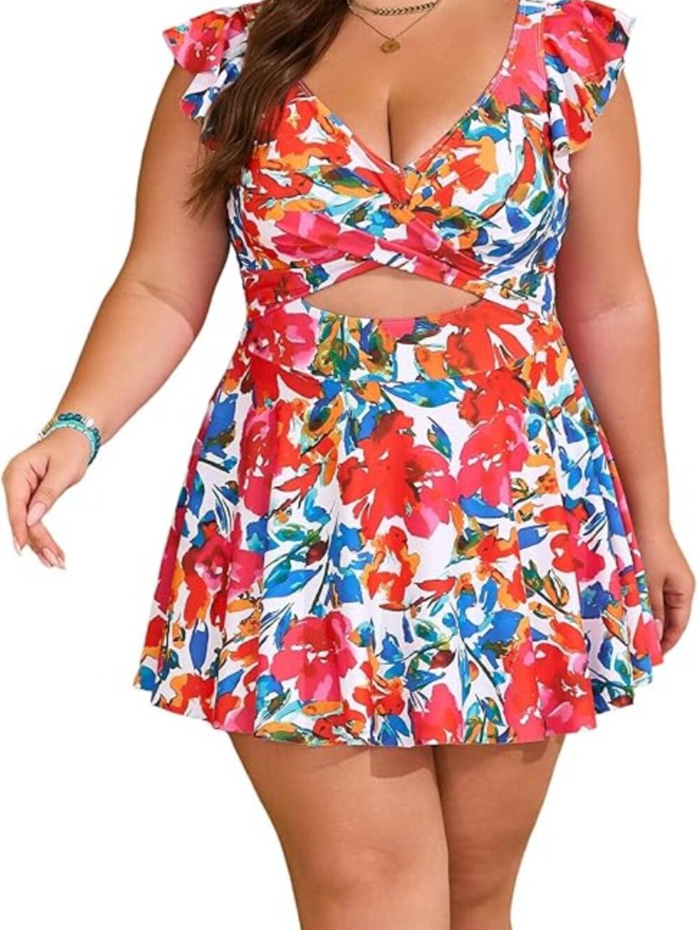 B2prity Women's Plus Size Swimsuit Tummy Control One Piece Swimdress Ruffle V Ne
